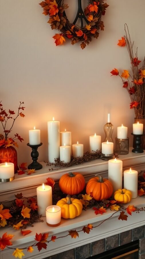 A cozy fall mantel display featuring various scented candles, pumpkins, and autumn leaves.