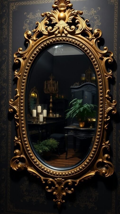 A vintage mirror with an ornate golden frame reflecting a dark room with candles and plants.