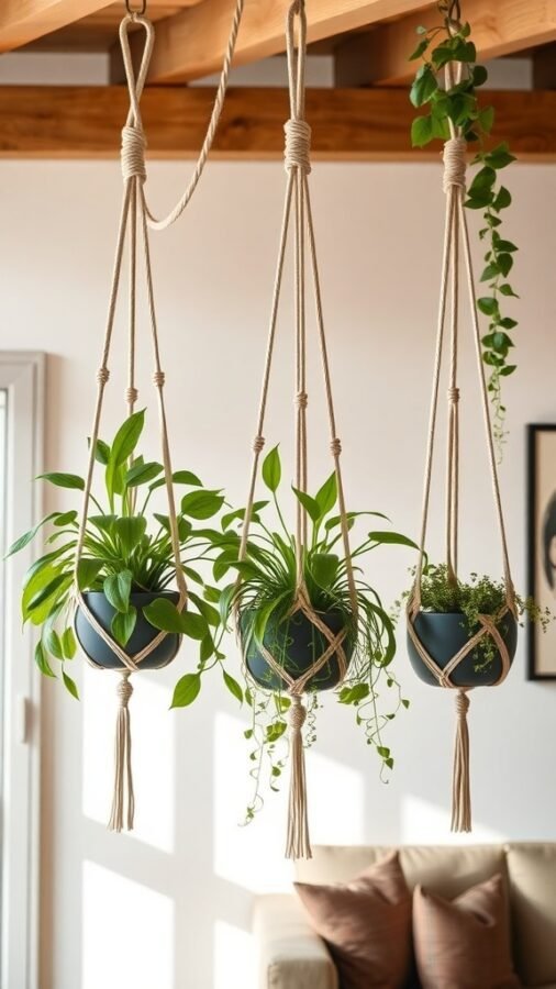Three macrame plant hangers with green plants, hanging from a wooden ceiling.