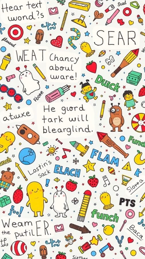 Colorful cartoon doodles including animals, objects, and playful text.