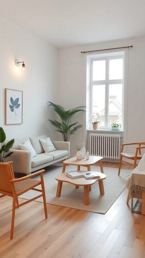 A minimalist Scandinavian living room with light wood flooring, a soft sofa, wooden chairs, and plants.