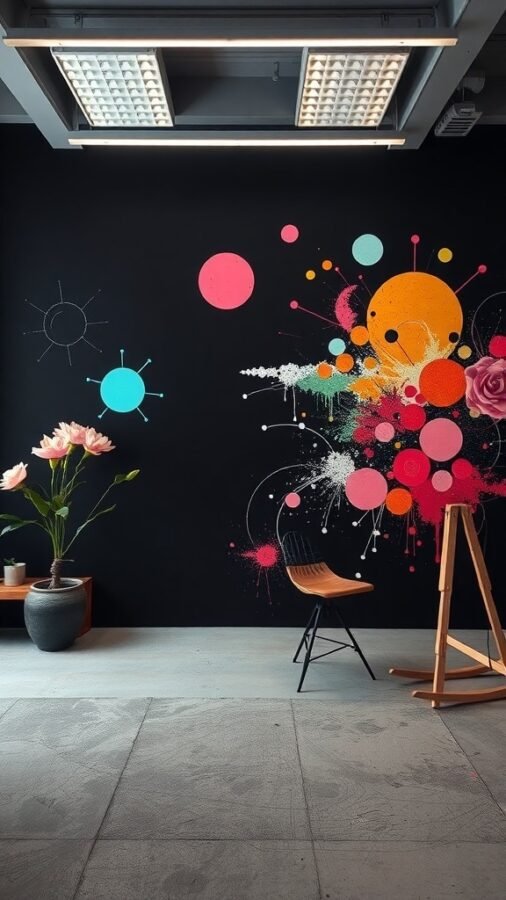 Artistic black wallpaper featuring abstract designs with colorful splashes and shapes.