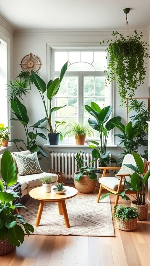 A cozy Nordic living room filled with various indoor plants, featuring a bright window and comfortable seating.