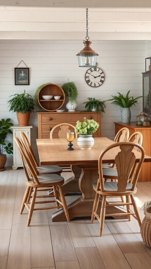 A rustic dining area featuring a wooden table, classic chairs, and plants.