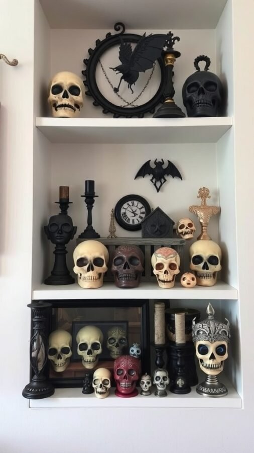 A display of various skulls and gothic decor items on shelves.
