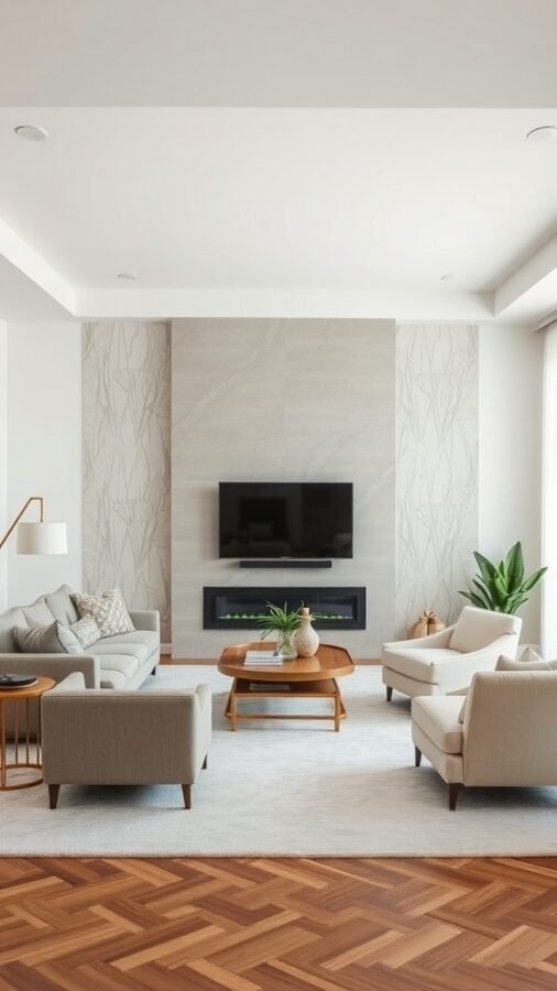 A neutral living room with a patterned accent wall, light furniture, and wooden flooring.