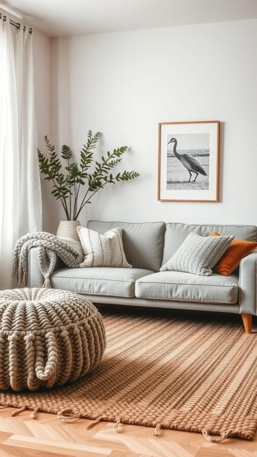 A cozy living room with a neutral sofa, textured cushions, a knitted pouf, and a woven rug, complemented by a plant.