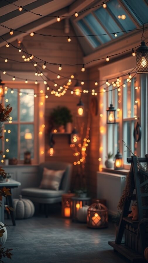 Cozy indoor space decorated with warm string lights and lanterns, featuring pumpkins and autumn decor.