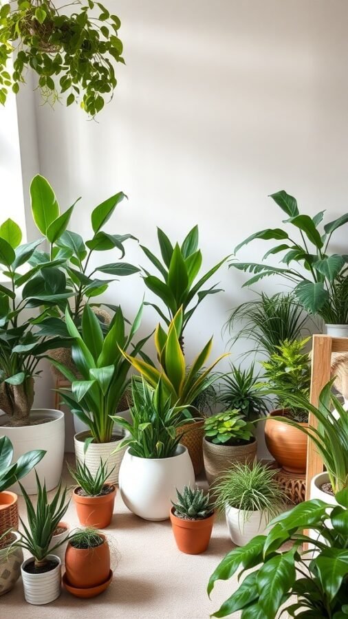 A variety of indoor plants in different pots arranged in a living room setting.