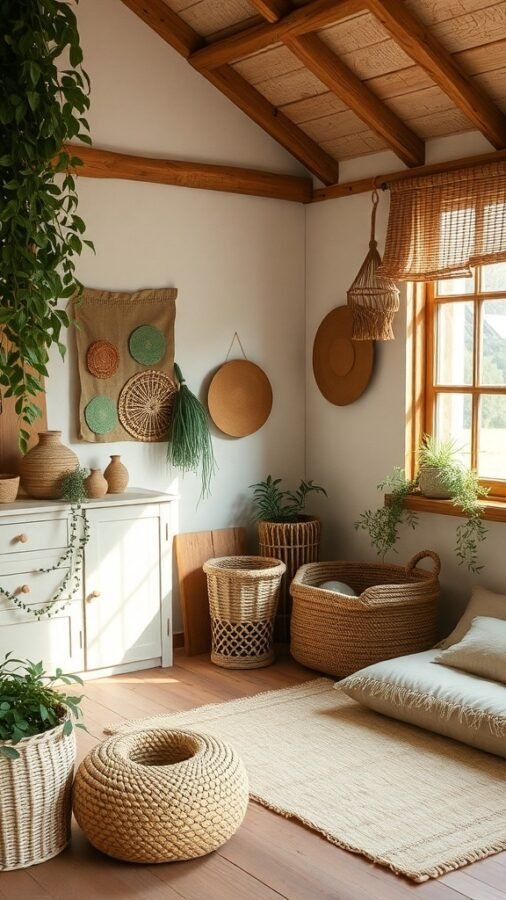 A cozy cottage interior featuring natural materials, woven baskets, and plants.