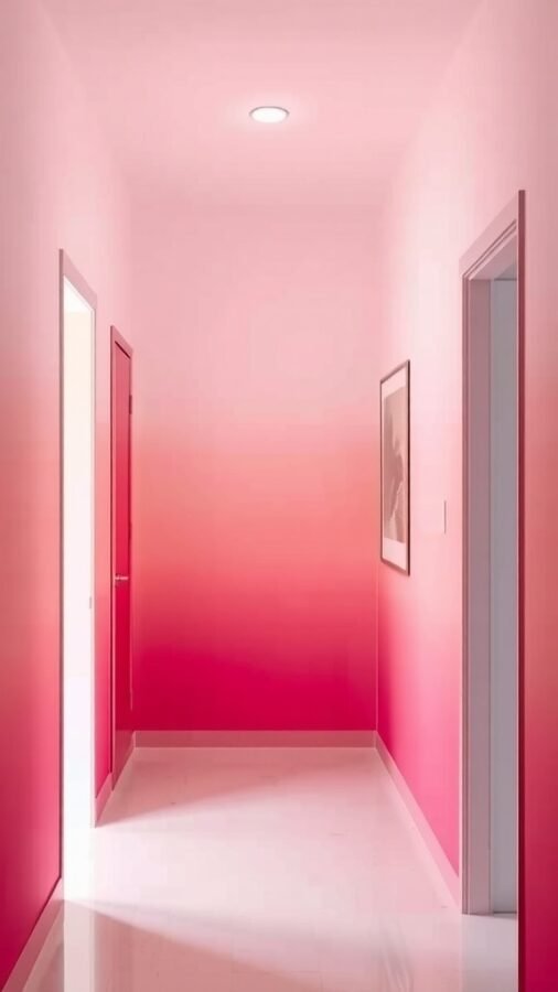 A hallway with ombre pink wallpaper transitioning from deep pink to soft blush