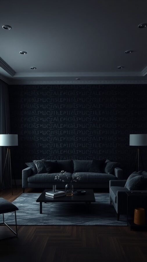 A cozy living room featuring black wallpaper with subtle patterns, modern furniture, and soft lighting.