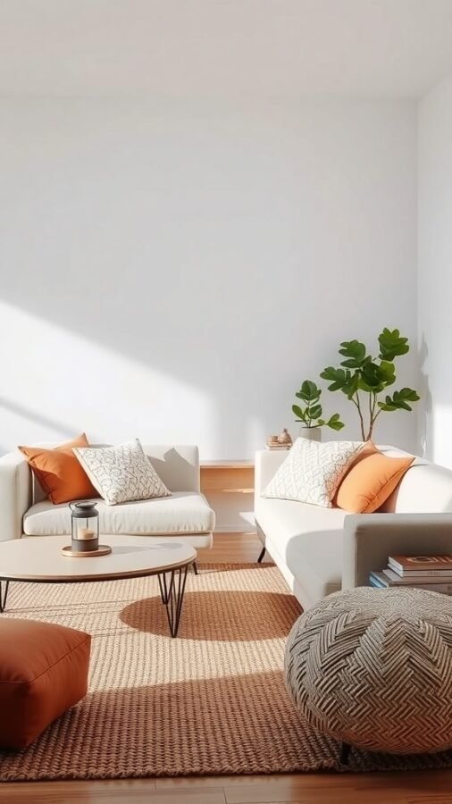 A minimalist living room featuring soft cushions, a woven pouf, and a plant, creating a cozy atmosphere.
