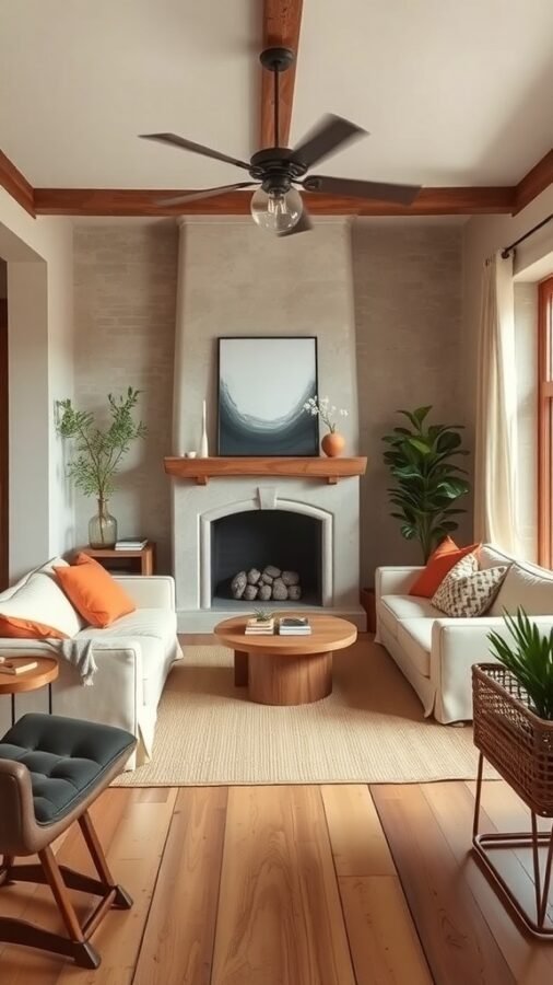A warm rustic living room featuring earthy color palettes, light sofas with orange cushions, a wooden coffee table, and plants.