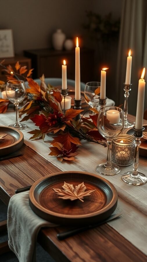 A rustic table setting with wooden plates, autumn leaves, candles, and glassware.