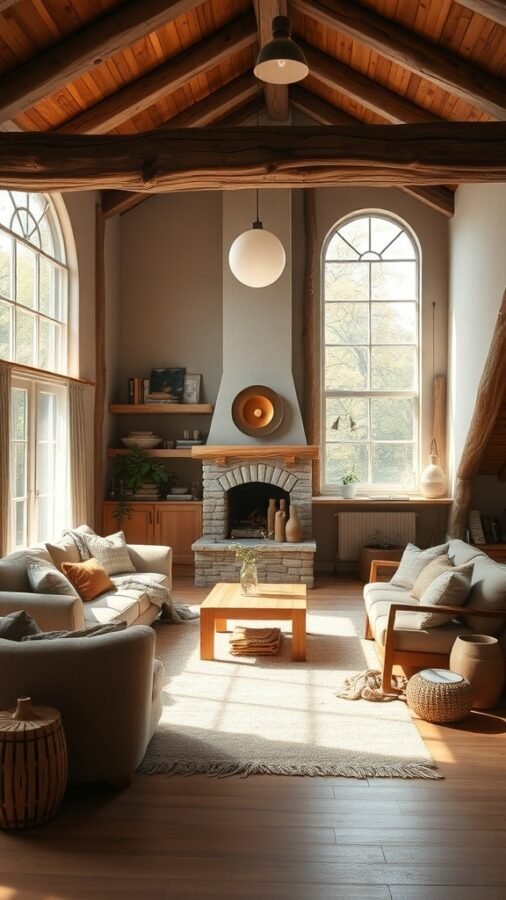 A cozy living room featuring natural wood accents, exposed beams, and a stone fireplace.