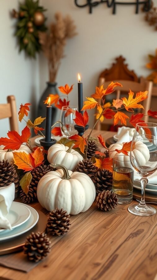 A fall table centerpiece featuring white pumpkins, colorful autumn leaves, and pinecones, with candles adding a cozy touch.