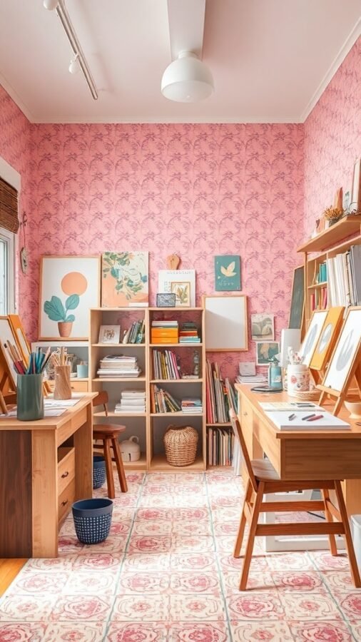A bright studio with pink patterned wallpaper, wooden desks, and art supplies.