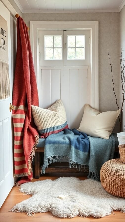 A cozy corner with layered textiles including blankets, pillows, and a fluffy rug.