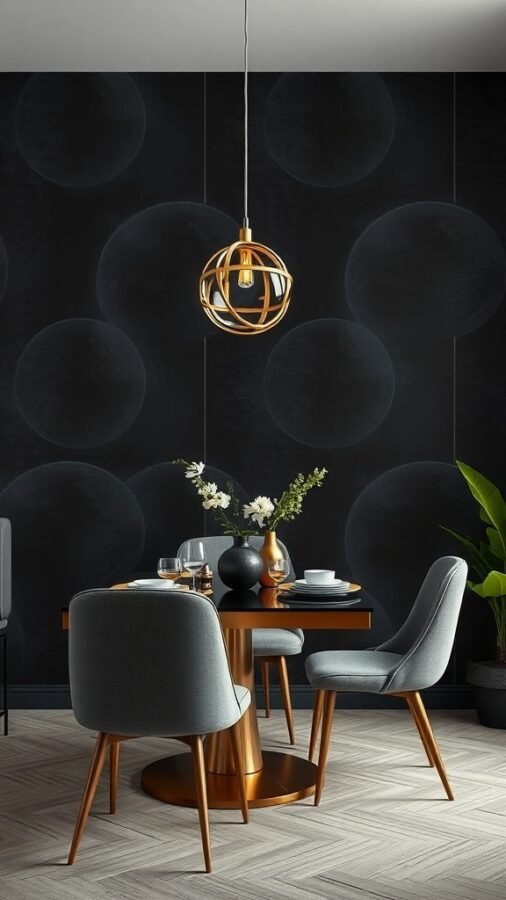 A dining area with glossy black wallpaper featuring metallic accents, a round table, and stylish chairs.