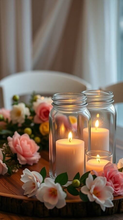 Glass jar candle holders surrounded by flowers on a wooden table