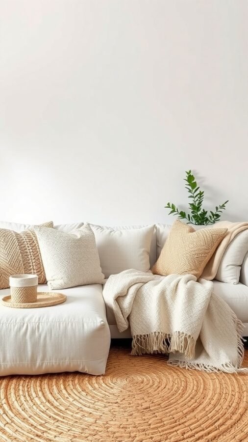 Cozy living room with layered textures, featuring a white sofa with pillows, a throw blanket, and a round jute rug.