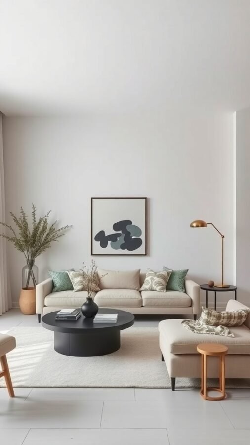 A minimalist living room featuring a beige sofa, round coffee table, abstract wall art, and greenery.