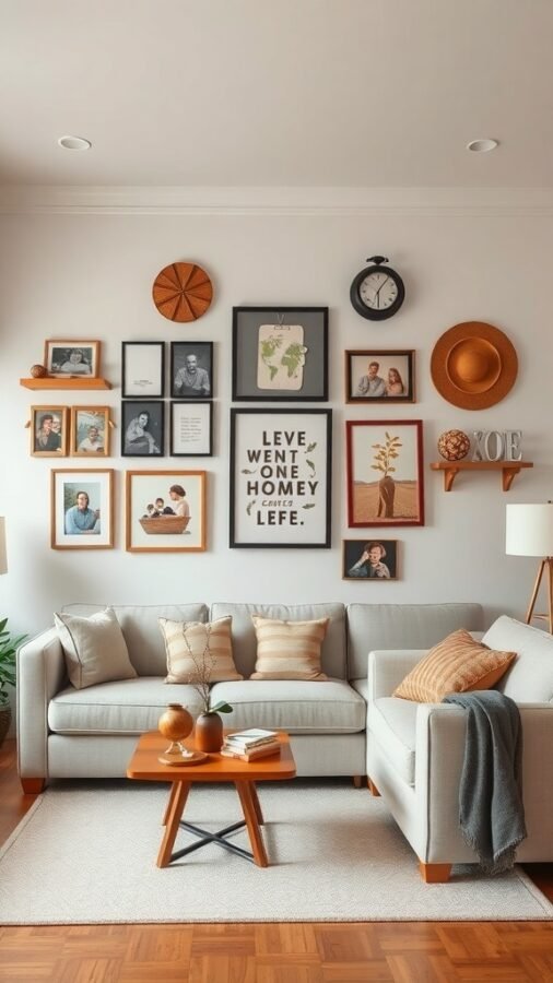 A cozy living room with personalized decor, featuring family photos, a clock, and decorative items on the walls.