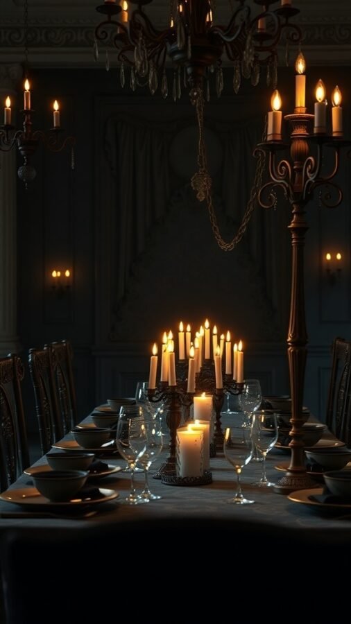 A gothic dining setup featuring candelabras and candles on a dark table, creating a warm and inviting atmosphere.