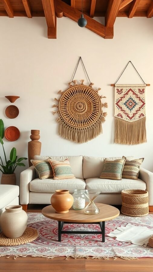A cozy living room featuring artisan wall hangings, handcrafted pottery, and a wooden coffee table.