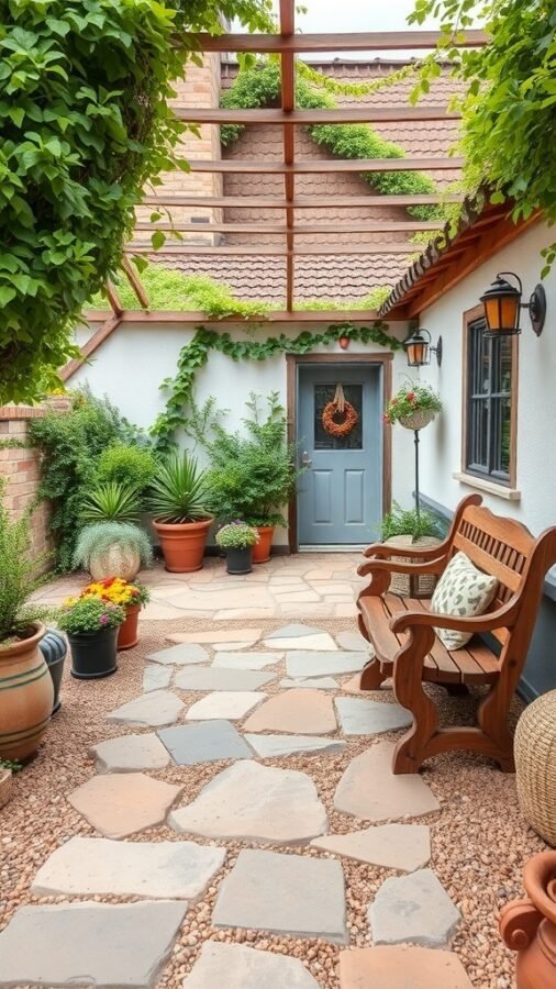 A cozy outdoor space with a stone pathway, wooden bench, and potted plants leading to a blue door.