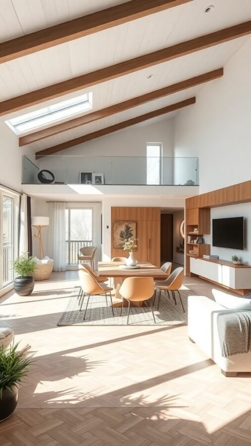 A bright and airy open concept living room with high ceilings, large windows, and a cozy seating area.