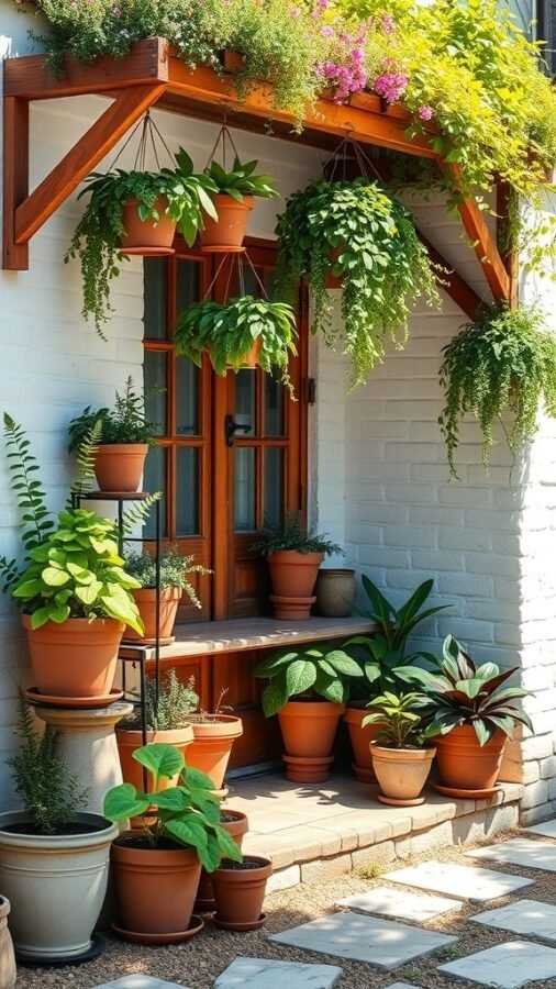 A cozy cottage entrance with various potted plants and hanging greenery, creating an inviting atmosphere.