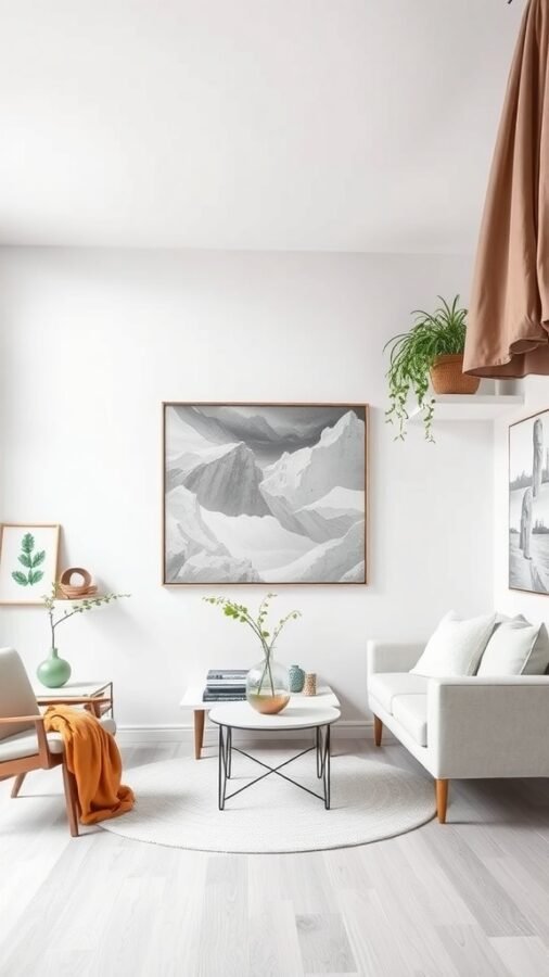 A cozy living room with white wallpaper, light wooden floors, and a modern design featuring plants and artwork.