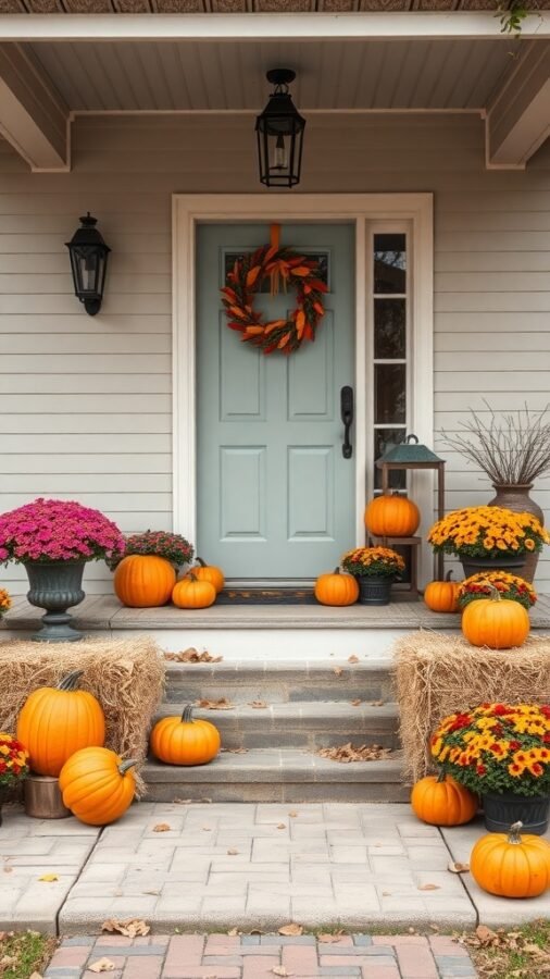 A cozy outdoor porch decorated for fall with pumpkins, flowers, and a wreath.