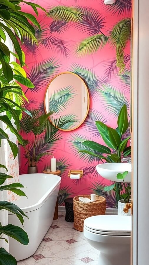 A bathroom featuring pink palm print wallpaper, a bathtub, and plants.