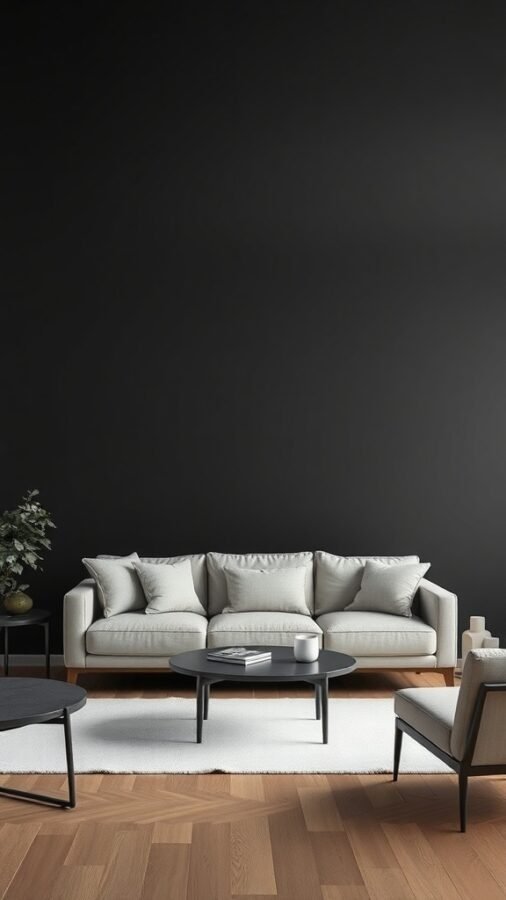 A modern living room featuring a matte black wallpaper, light-colored sofa, and wooden flooring.