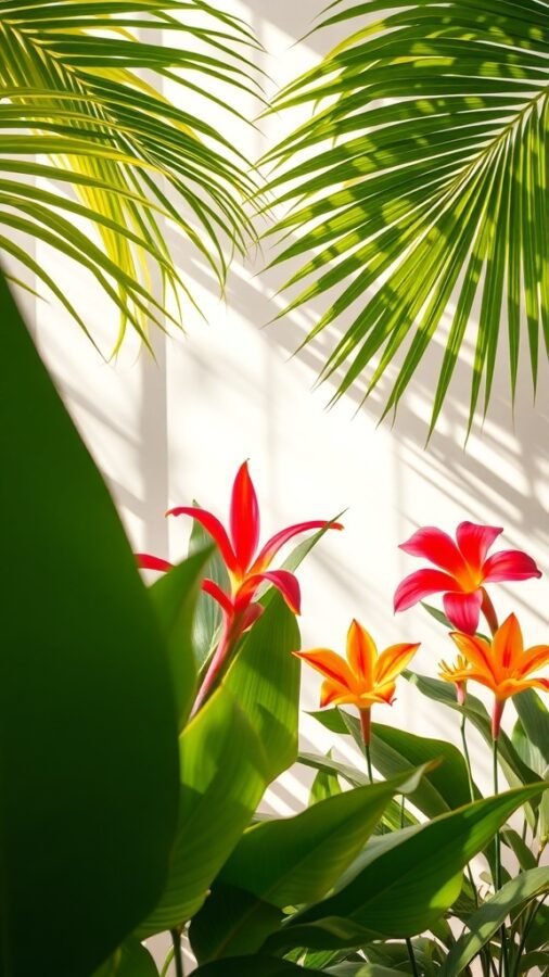 Tropical flowers and green leaves with sunlight filtering through