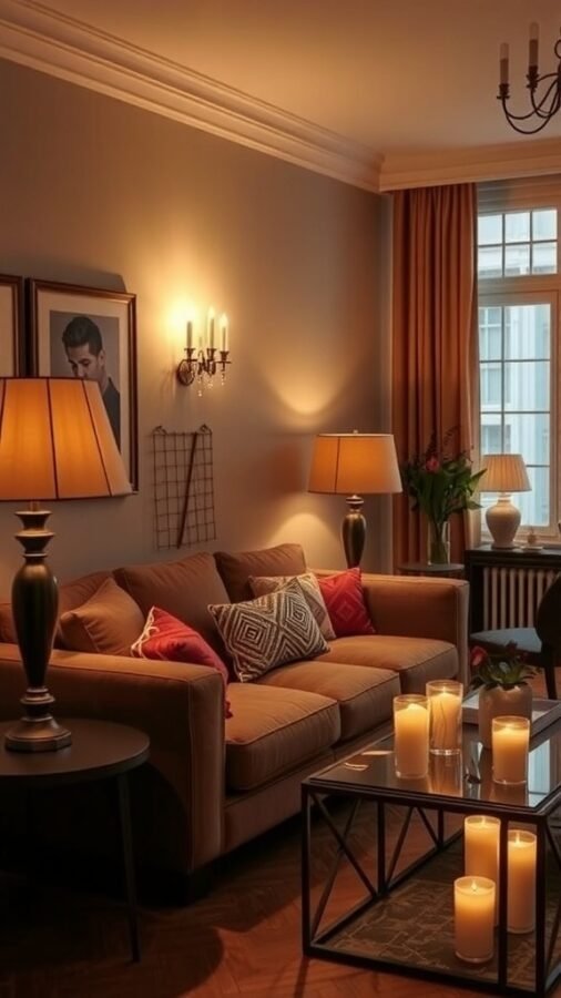 A cozy living room with warm lighting from lamps and candles, featuring a comfortable sofa and decorative pillows.