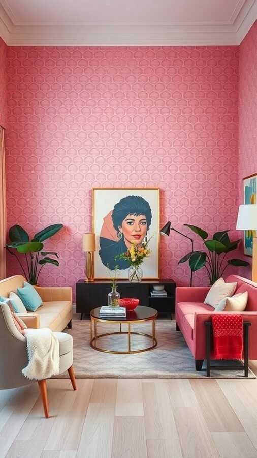 A stylish living room featuring textured pink wallpaper, cozy furniture, and vibrant decor.