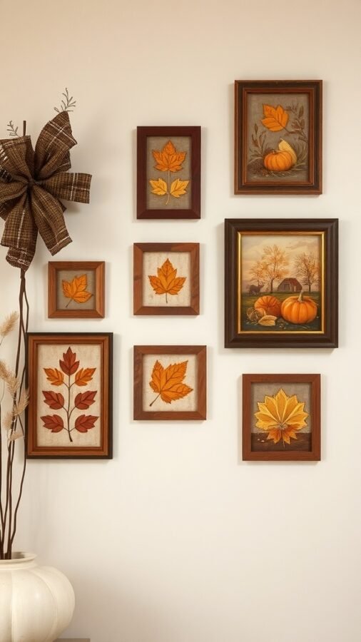 A collection of harvest-inspired wall art featuring framed autumn leaves and pumpkins, with a decorative bow.