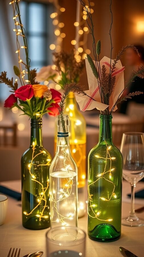 Decorative wine bottle centerpieces with flowers and fairy lights