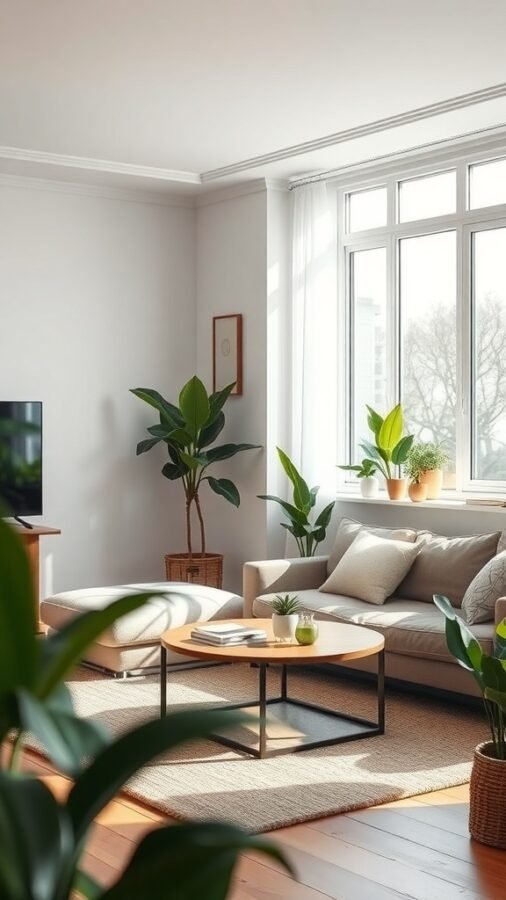 A minimalist living room featuring a light-colored sofa, a round coffee table, and several indoor plants arranged around the space.