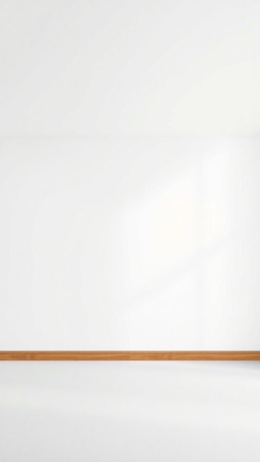A clean white wall with a wooden baseboard, representing minimalist design.