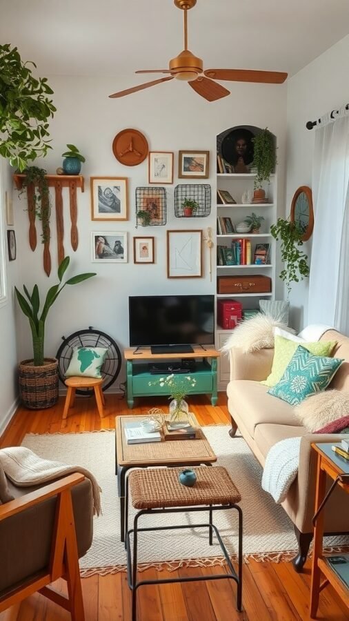 A cozy living room featuring recycled and upcycled decor with plants, wall art, and vintage furniture.