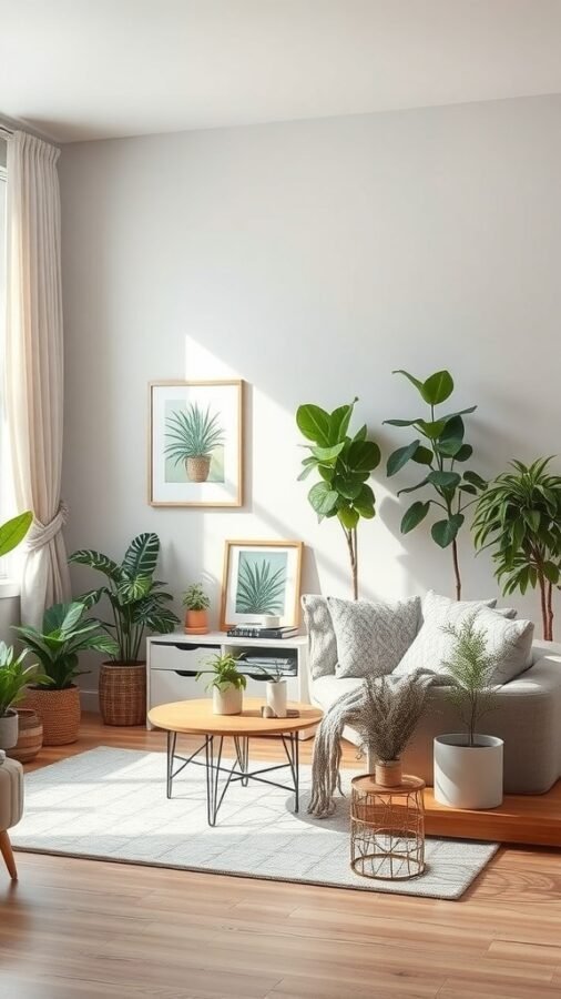 A bright and cozy living room featuring various indoor plants, a comfortable sofa, and a coffee table.