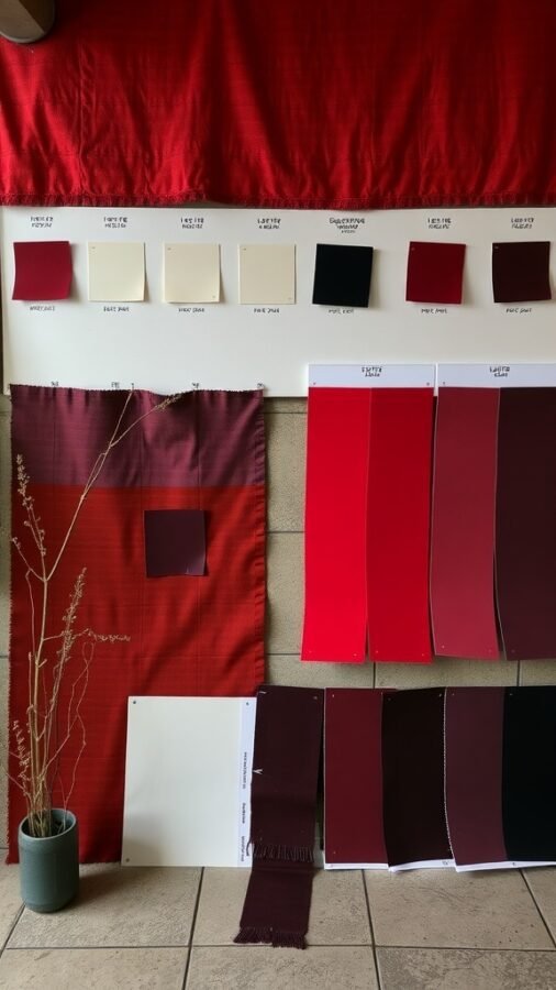 Color swatches and fabric samples in gothic-inspired colors, featuring deep reds, blacks, and muted whites.