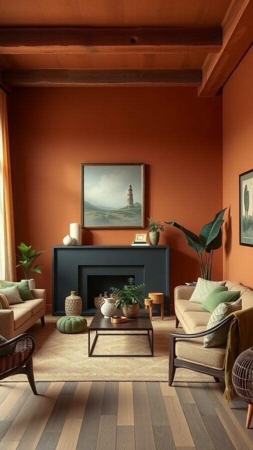 A cozy living room featuring an earthy color palette with terracotta walls, green accents, and natural wood elements.