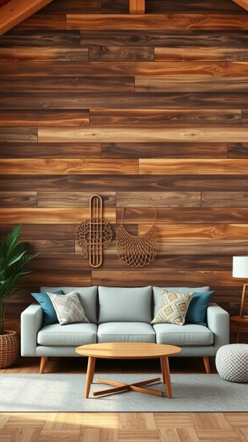A cozy living room with rustic wood paneling, a light-colored couch, decorative pillows, a round coffee table, and a plant.