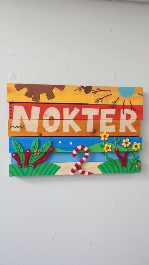 Colorful wooden pallet wall art featuring the word 'NOKTER' and decorative elements like flowers and waves.